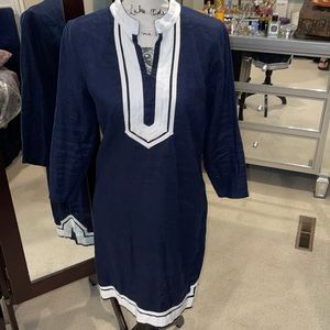 Crown & Ivy navy linen 3/4 sleeve resort dress similar to Tory Burch